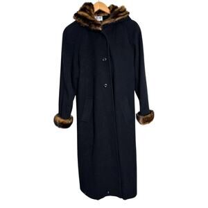MDP Mario De Pinto Long Black Wool Coat Women's L Faux Fur Trim Hood/Cuffs U.S.A